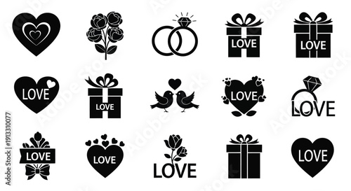 Assortment of love icons, including rings and gifts, now.