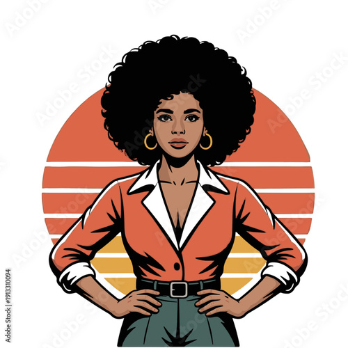 Strong and confident woman stands with her hands on her hips, against a retro sunset background.