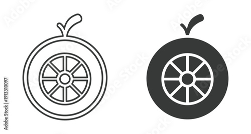 Set of two minimalist citrus orange fruit icons featuring outline and solid designs