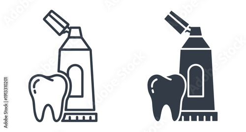 Dental hygiene icons featuring toothpaste tube and tooth for medical healthcare design projects