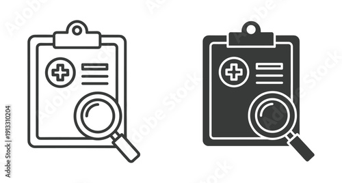 Black and white icons of medical clipboards with magnifying glasses for clinical analysis