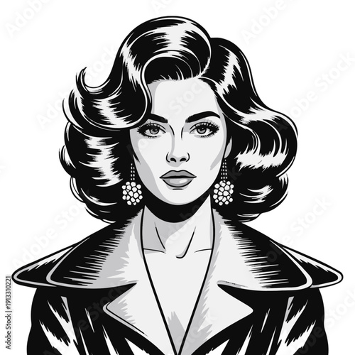 A stylish woman in a vintage fashion style, elegant and confident. She's got beautiful wave hair and wearing a fashionable outfit