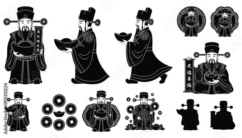 Traditional east asian silhouettes and ornamental patterns in black and white artwork