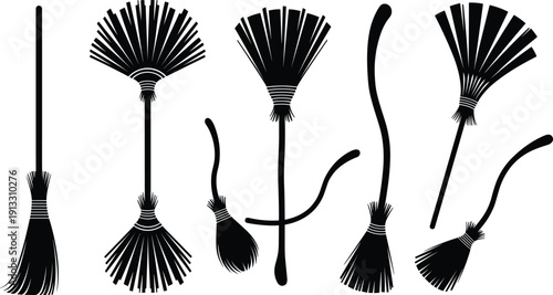 Black silhouette set of various broom icons featuring traditional sweeping brushes and magical witch brooms isolated on a white background
