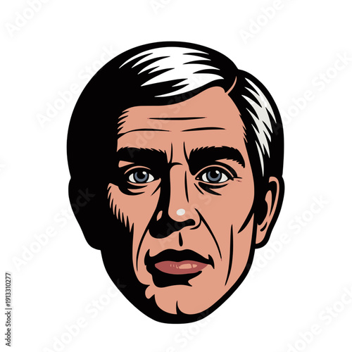 A serious looking man's illustrated face, with short, styled hair and focused eyes. His expression shows intensity and focus