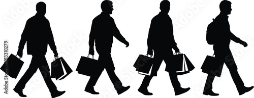 Black silhouette set of men walking and carrying shopping bags after retail therapy purchase isolated on a white background vector