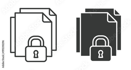 Set of outline and solid document icons with a padlock representing secure file storage