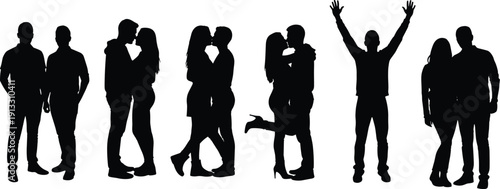 Romantic couple silhouettes set, kissing hugging lovers, relationship affection poses, happy man celebration gesture, love partnership illustration collection