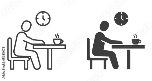 Minimalist icons showing a person sitting at a table with coffee and a clock
