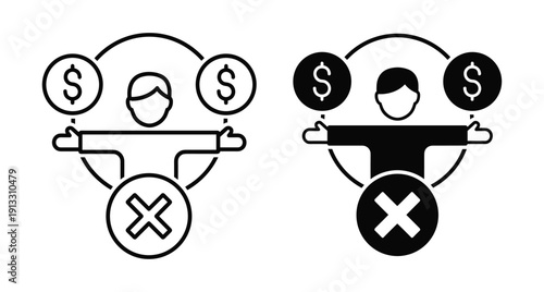Icon set showing man with currency symbols and cross for financial debt rejection