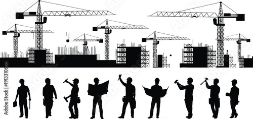 Industrial Construction Site Silhouette Set Featuring Tower Cranes Building Scaffolding and Professional Workers with Tools and Blueprints Isolated on White Background for Vector Graphic Design