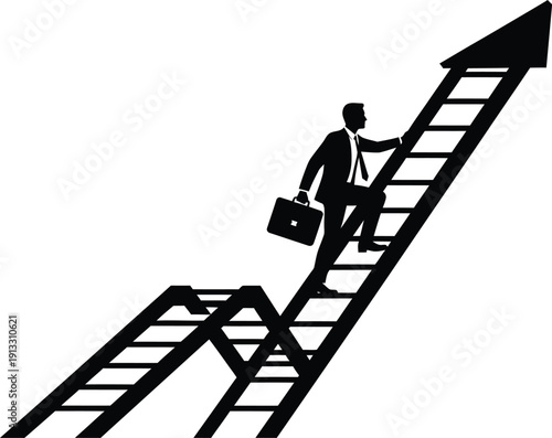 Businessman climbs a ladder shaped like an arrow symbolizing career growth and professional success steadily