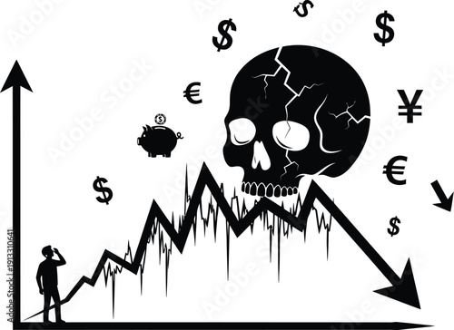 Financial crisis and economic downturn with crashing stock market and currency symbols surrounding a skull