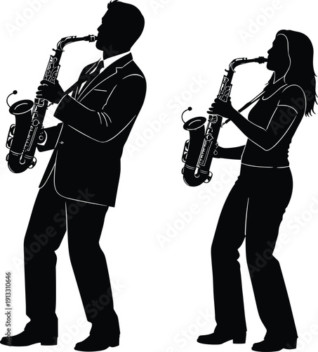 Saxophone players silhouette duo, male female musicians performing jazz music, instrument performance illustration, live concert band artistic vector