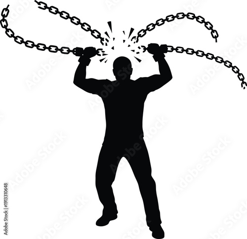 Man Breaking Free from Iron Chains Symbolizing Personal Liberation and Empowerment Silhouette