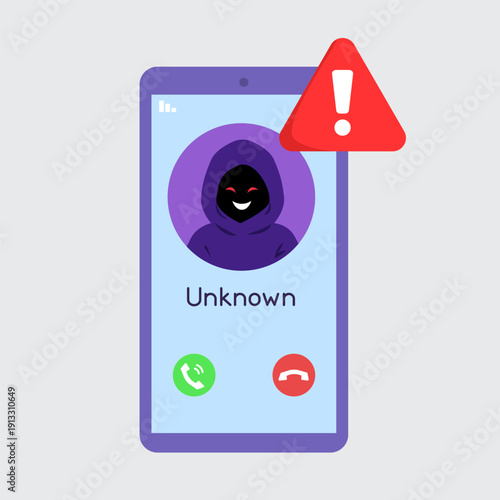 Suspicious call from scammer with warning sign. Fraud phone call for scam money, getting access to bank or credit card data, personal information. Flat vector illustration.