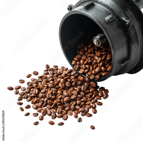Coffee Beans Spill From a Grinder in a Kitchen Setting During Morning Prepara...