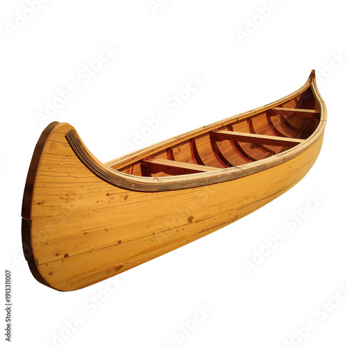 Wooden Canoe Displayed on a Plain Background, Showcasing Its Design and Craft...