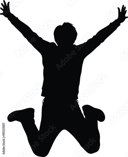 Excited young man jumping high in the air with arms outstretched happily outside