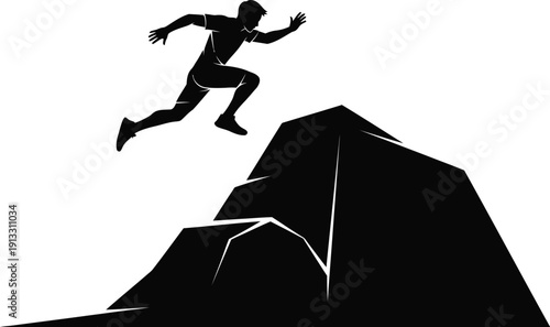 Confident athlete jumping over a challenging mountain peak with determination and skill.