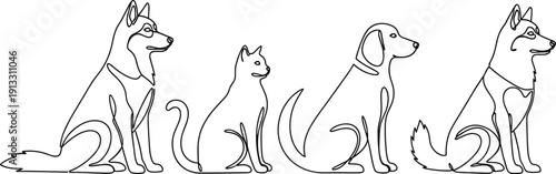 Continuous one line drawing of pets set featuring dogs and cat sitting in a row for minimalist animal lovers logos and veterinary branding