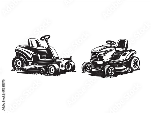 Lawn mower service logo icon isolated vector on white background. Zero Turn Lawn Mower Lawn Care silhouette with grass cutter