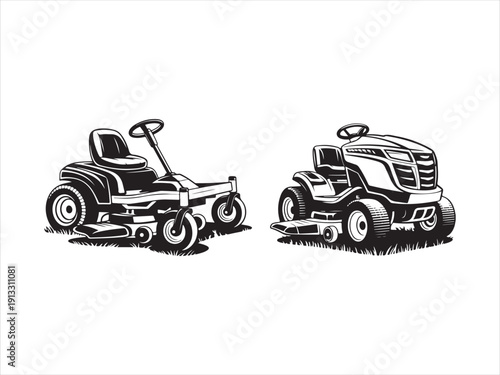Lawn mower service logo icon isolated vector on white background. Zero Turn Lawn Mower Lawn Care silhouette with grass cutter
