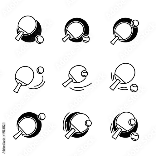 Collection of table tennis paddles and balls in various dynamic poses, showcasing motion and action in a sports context