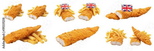 Photography Set and collection of traditional British fish and chips with crispy battered fish and golden potato fries isolated on white transparent PNG background