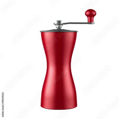Coffee Grinder in Red Color With a Handle on Top Used for Grinding Coffee Bea...