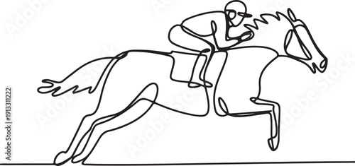 One Line Art of Horse Racing Jockey in Motion. Minimal Equestrian Sport Illustration