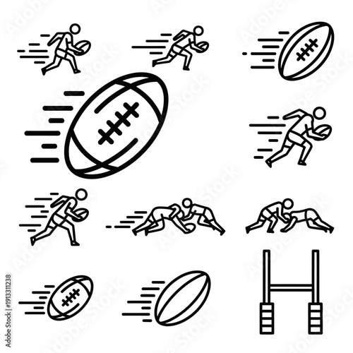 Dynamic illustrations of rugby players in action, showcasing various techniques and movements on the field from different viewpoints.