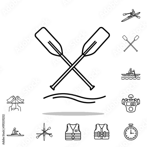Crossed oars illustration on calm water surface with various outdoor activity icons surrounding the main graphic