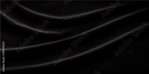 Luxurious black satin and silk fabric background with smooth flowing waves of soft purple and blue light creating a curved textile texture design