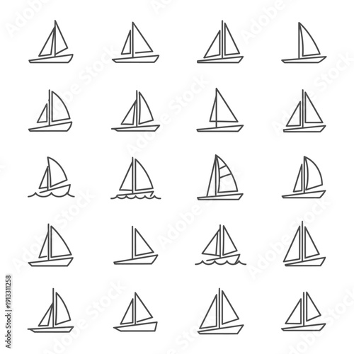 Collection of simple line drawings of sailboats on water from various viewpoints in a grid layout