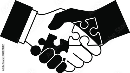 Business partnership and collaboration symbolized by handshake with puzzle pieces