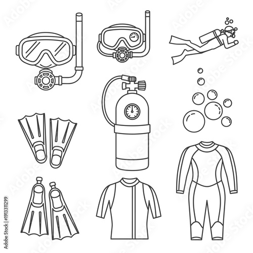 Collection of scuba diving gear and equipment illustrated in a simple line art style on a plain background