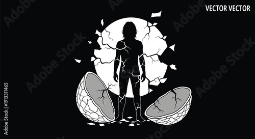 Silhouette of a person emerging from a cracked egg on a black background illustration