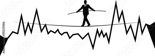 A businessman skillfully balances on a tightrope amidst fluctuating market trends and financial challenges daily