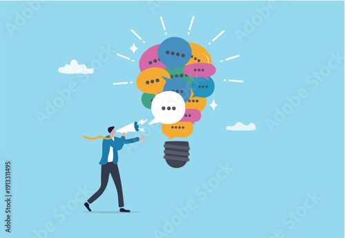 Communication, marketing message to communicate with consumer, advertising strategy, media or announcement information dialogue, businessman talking on megaphone with speech bubble lightbulb idea