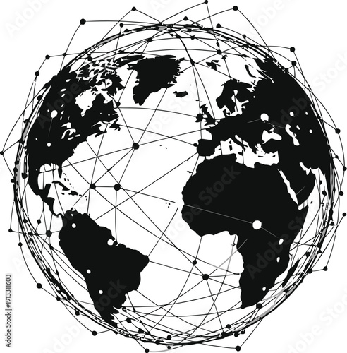 Global network connections illustrated on a stylized black and white earth graphic representation online