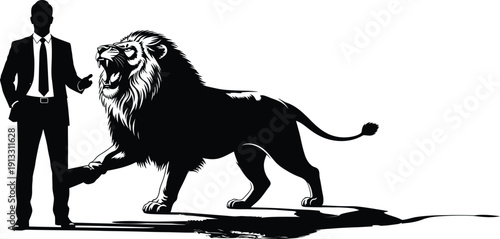 Confident businessman stands beside a powerful lion in a striking black silhouette illustration