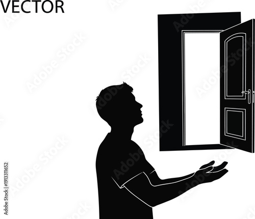 Man holding an open door, symbolizing opportunity and new beginnings with openness and freedom ahead
