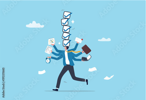 Productivity or efficiency, manage busy work to finish task or checklist, solving overworked and develop time management strategy, busy businessman holding work stuff with finishing checklist tasks.