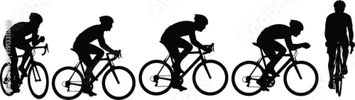 Black silhouette vector icon set of professional cyclists riding road bikes in various racing poses for sports, fitness, and competition.