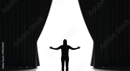 Silhouetted figure stands triumphantly in open curtains with rising arrow symbolizing success and achievement