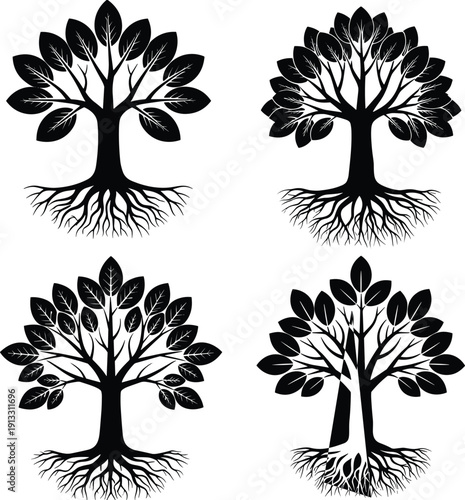 Black tree silhouettes set with green leaves and deep root systems isolated on white background for nature and genealogy concepts