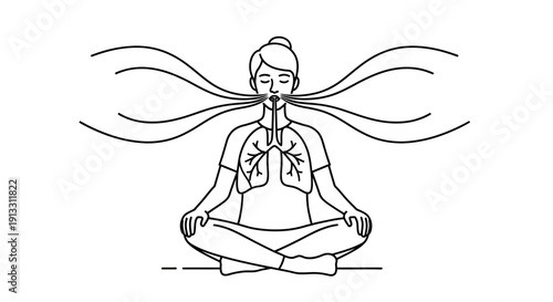 A black silhouette vector illustration of a woman sitting in a yoga lotus pose for zen meditation and spiritual wellness