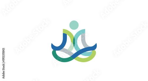 Abstract blue vector illustration of a woman in a lotus yoga pose with a dolphin silhouette and zen chakra symbols for meditation and spiritual health