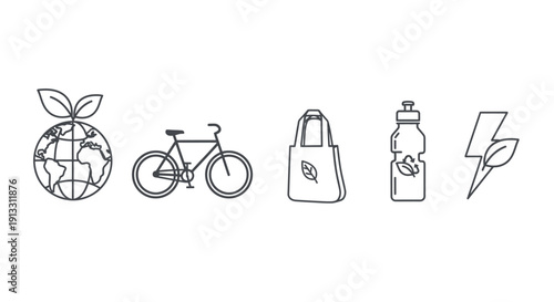 Isolated vector illustration of a set of tools, kitchen utensils, and manicure tools featuring a vintage green bicycle and a red wine glass bottle object on white